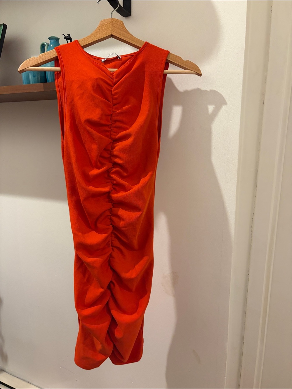 Zara Sleeveless Ruched Orange Midi Dress
